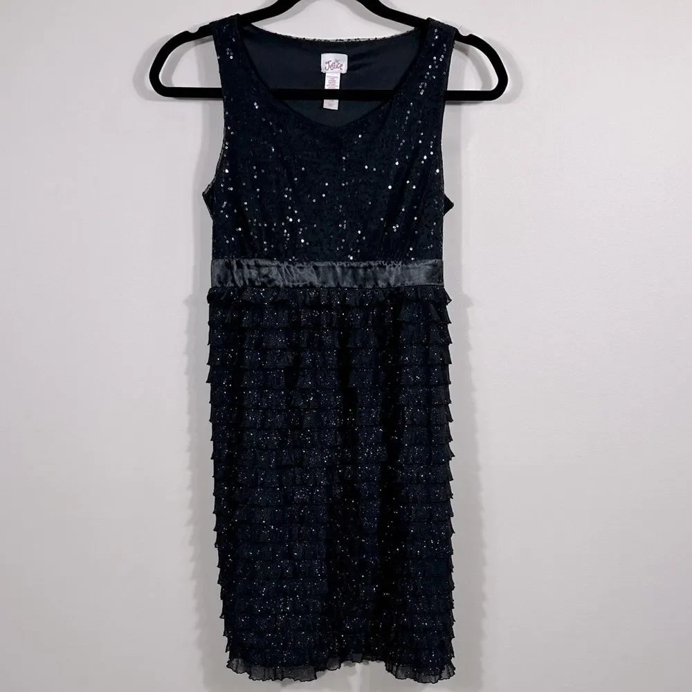 Justice Black Sequin Sparkle Tier Ruffle Party Holiday Sleeveless Dress Girls 16